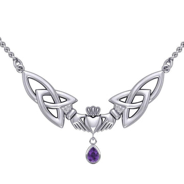 A love in full extent ~ Celtic Knotwork Claddagh Sterling Silver Necklace Jewelry with Gemstone TN260 - Jewelry